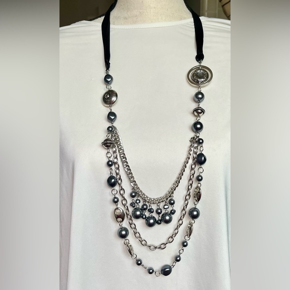 Necklace silver/gray beads black ribbon asymmetrical  jewelry - Picture 1 of 15